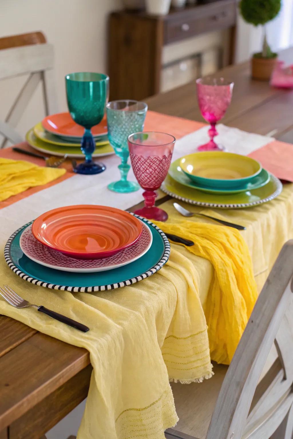 Bold and bright with a colorful cheesecloth runner.