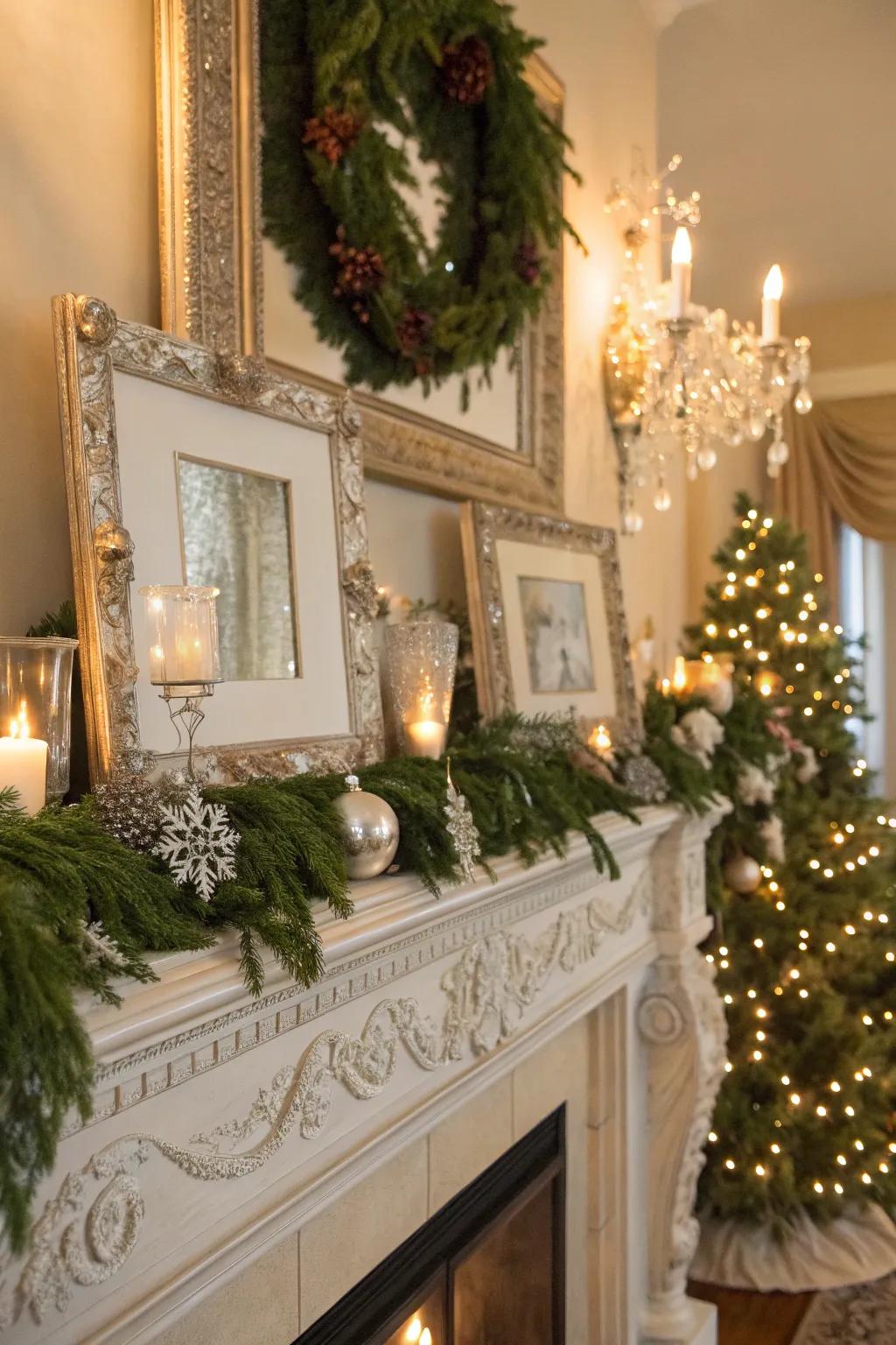 An elegant vintage glam Christmas mantel.