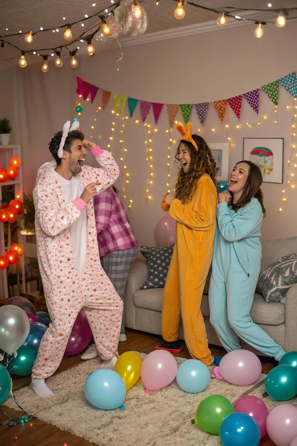 A joyful pajama party with friends, full of laughter and festive spirit.