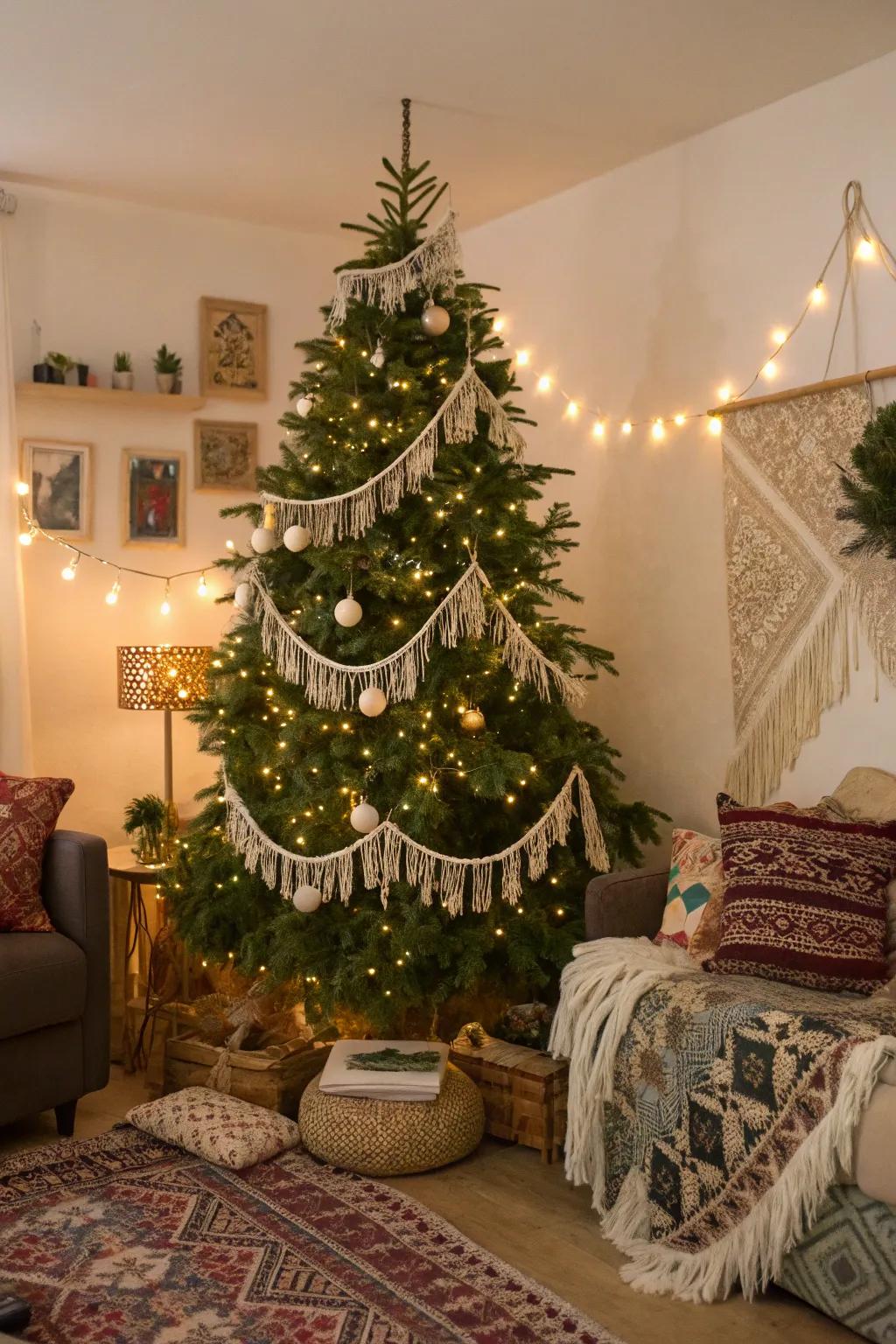 A bohemian Christmas tree with macramé garlands