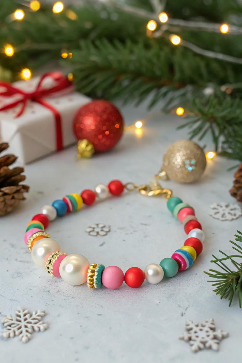 Festive colors and pearls for a holiday-ready bracelet.