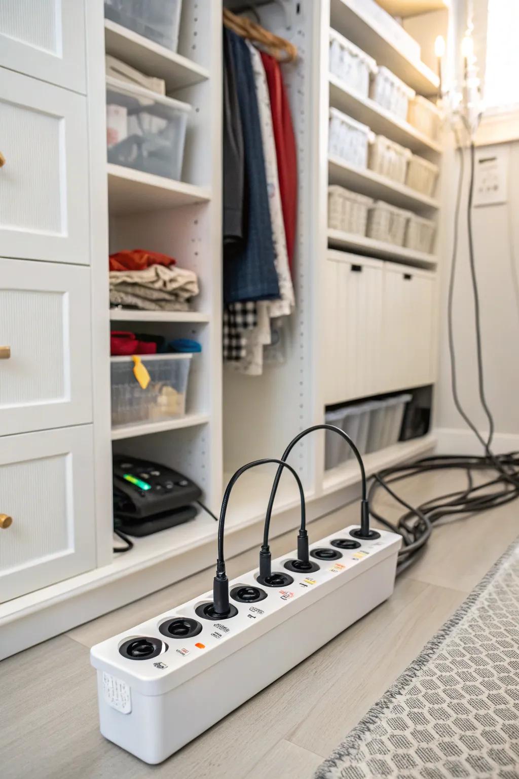 A multi-plug power strip provides efficient power management for your studio equipment.