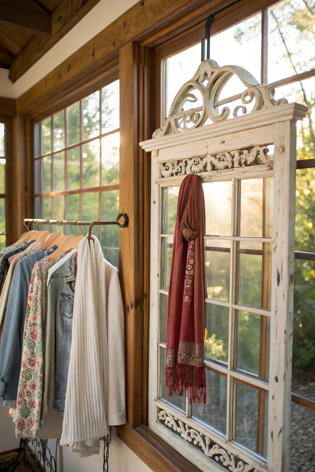 A repurposed window frame adding rustic charm as a hanger.