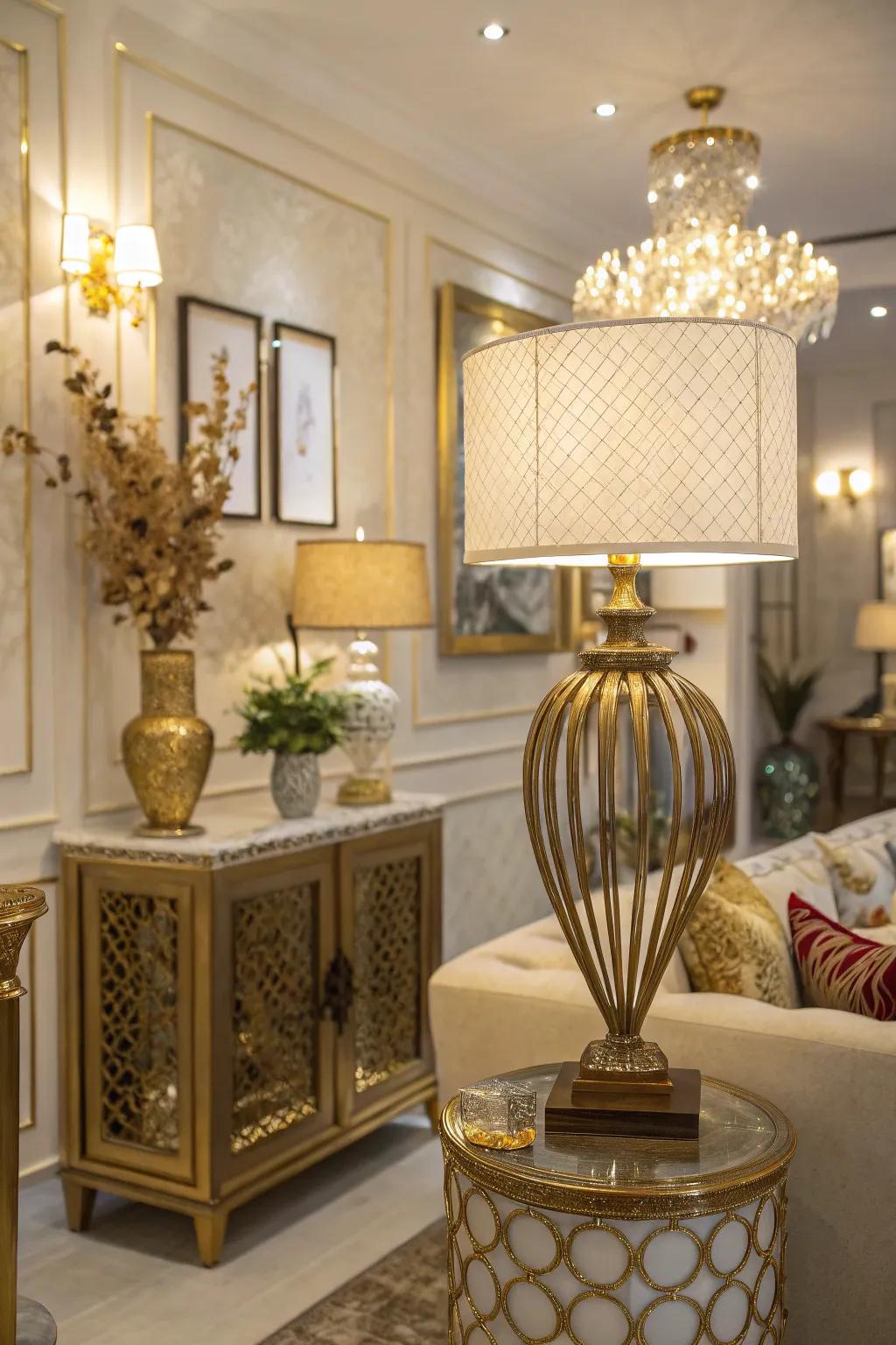 A glamorous room featuring elegant gold hues.