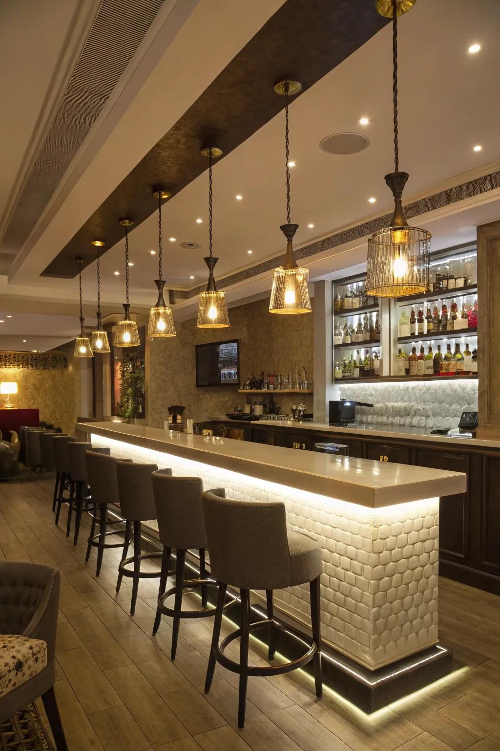 A salon bar with layered lighting, creating a balanced and inviting atmosphere.