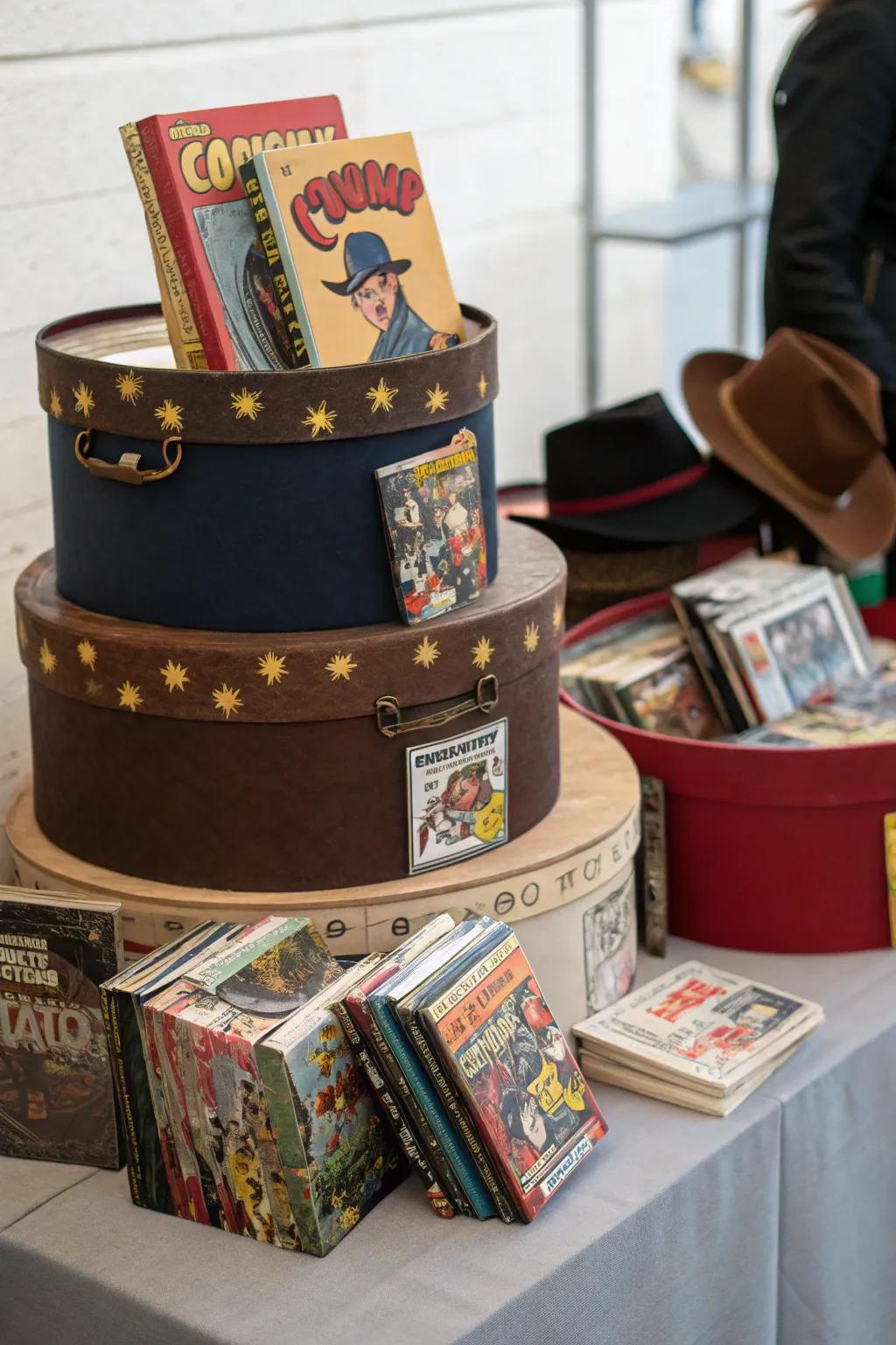 Hat boxes offer quirky and unique comic storage options.