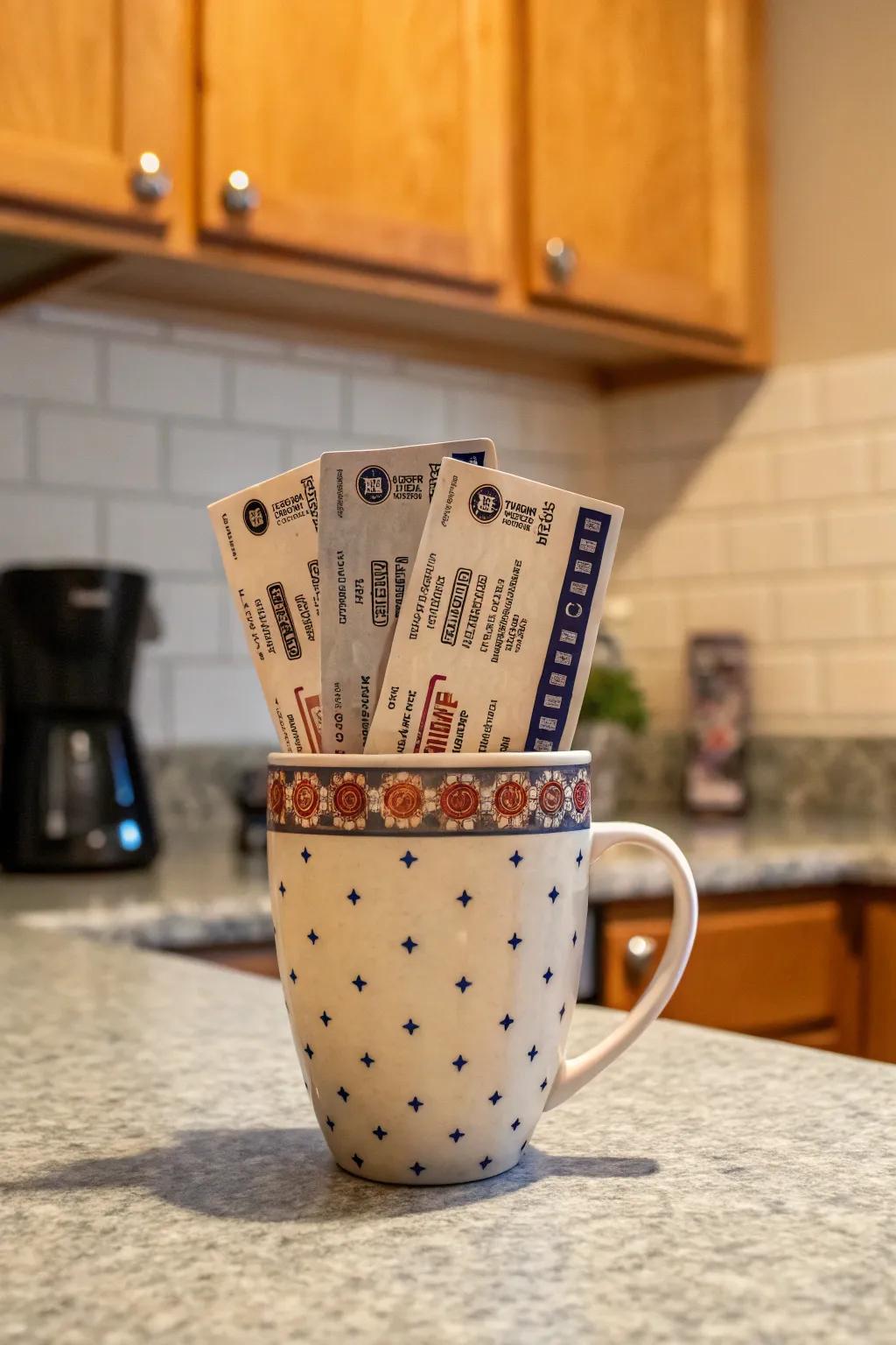 A coffee mug containing the surprise of concert tickets.