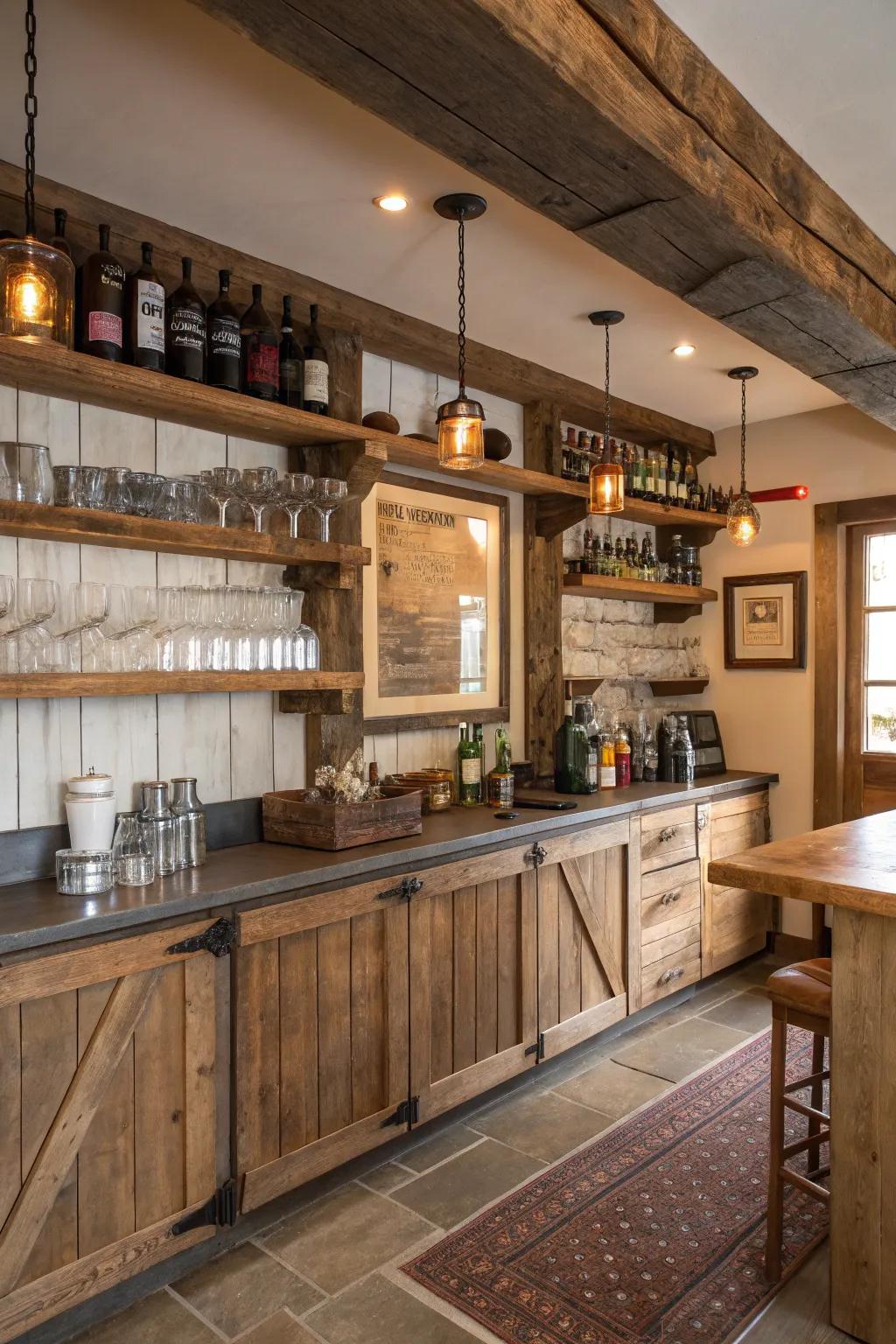 A cozy farmhouse-style home bar with rustic elements.