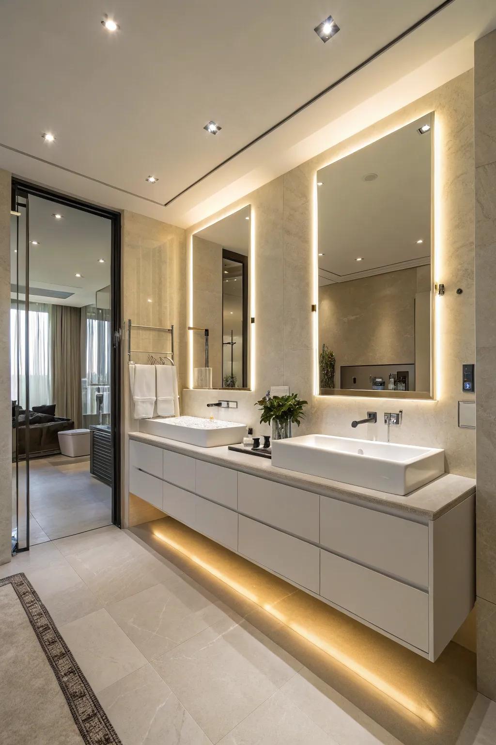 A floating vanity adds a spacious and modern touch to the bathroom.