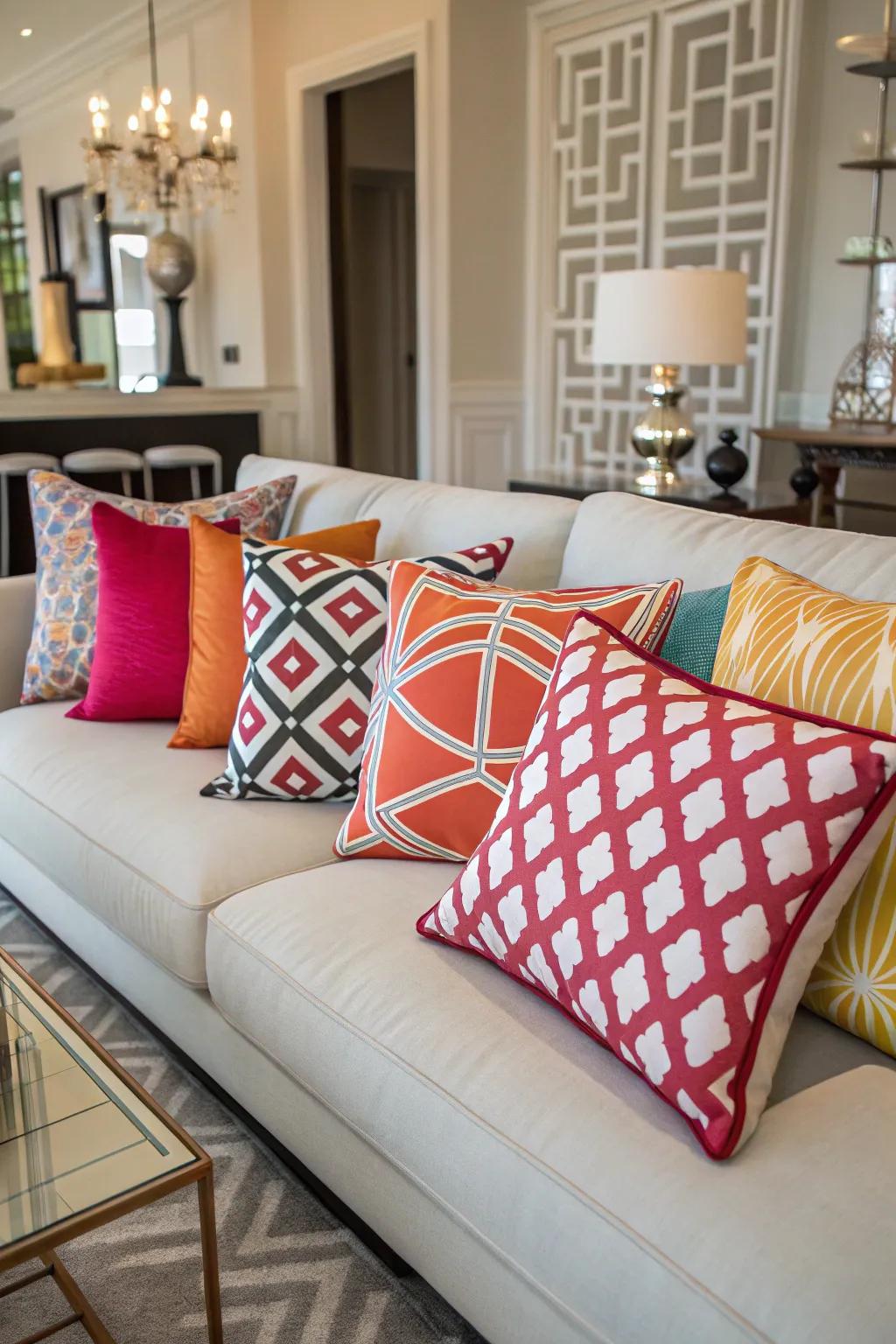 Designer throw pillows with bold patterns on a modern sofa.