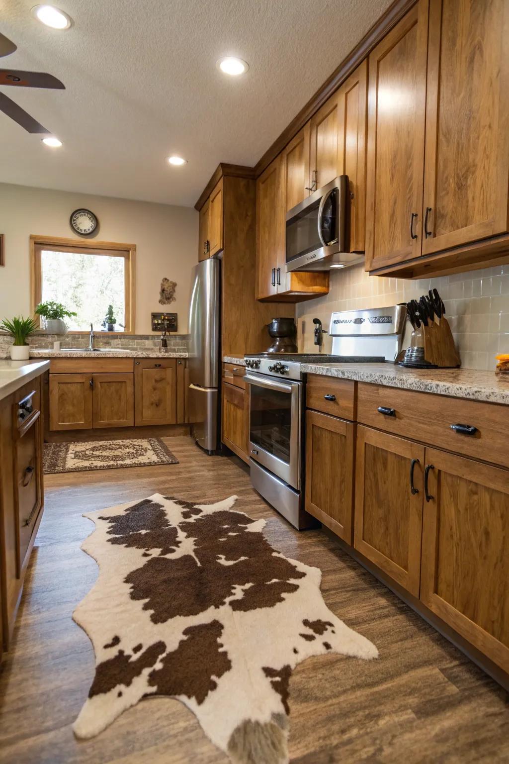 A cowhide rug adds warmth and softness to kitchens.