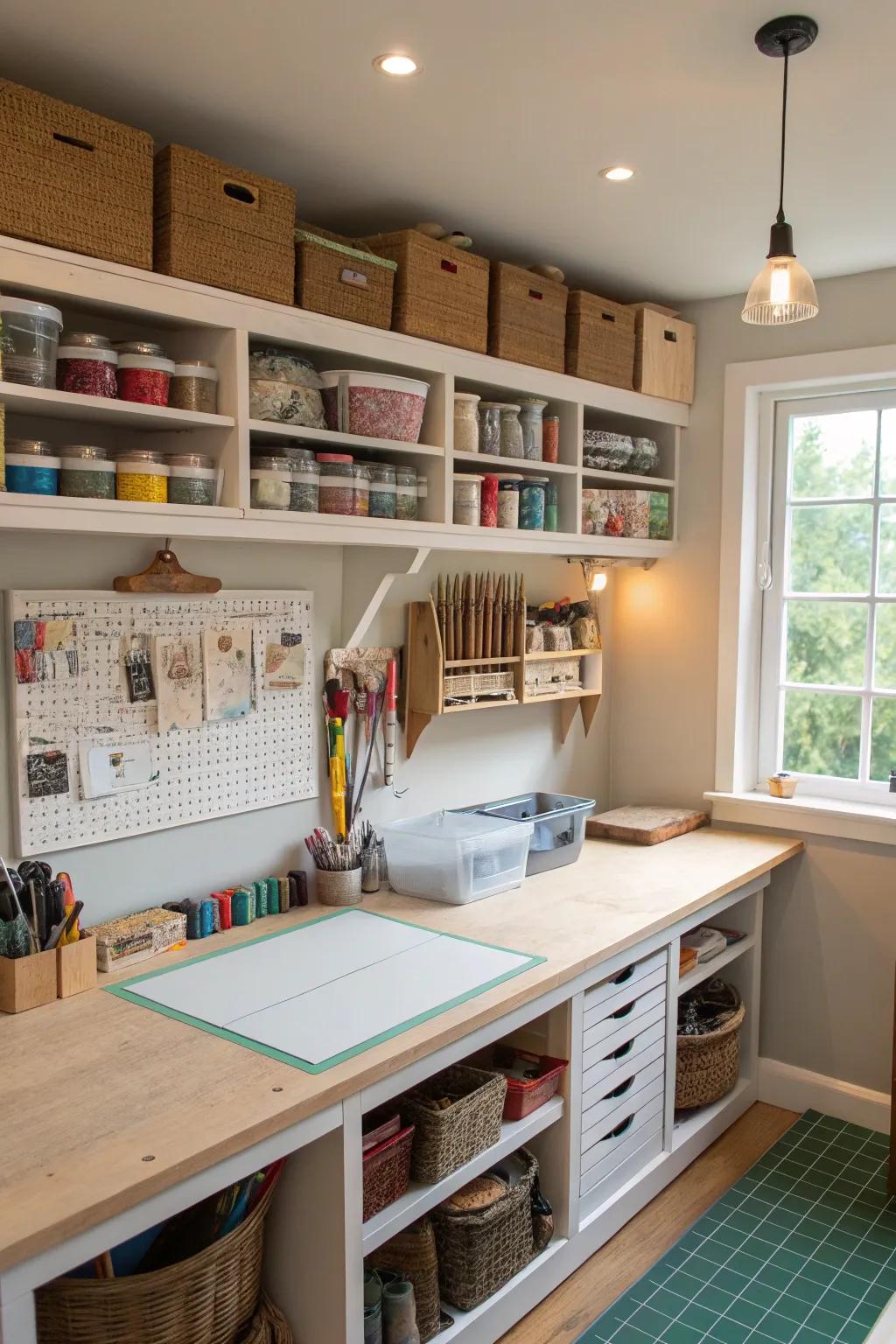 Hanging shelves maximize vertical space in compact craft rooms.