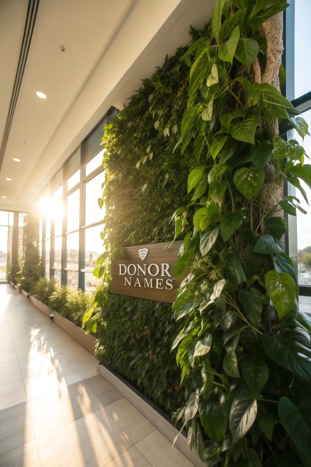 A living plant wall celebrates donors with nature.