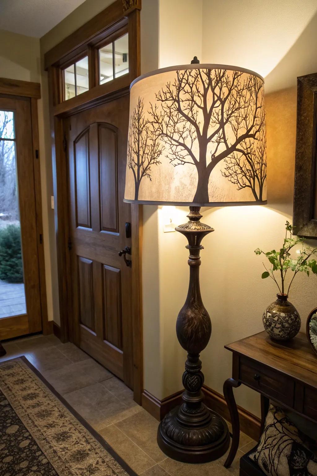 An entryway lamp shade with a tree silhouette design casting a warm glow.