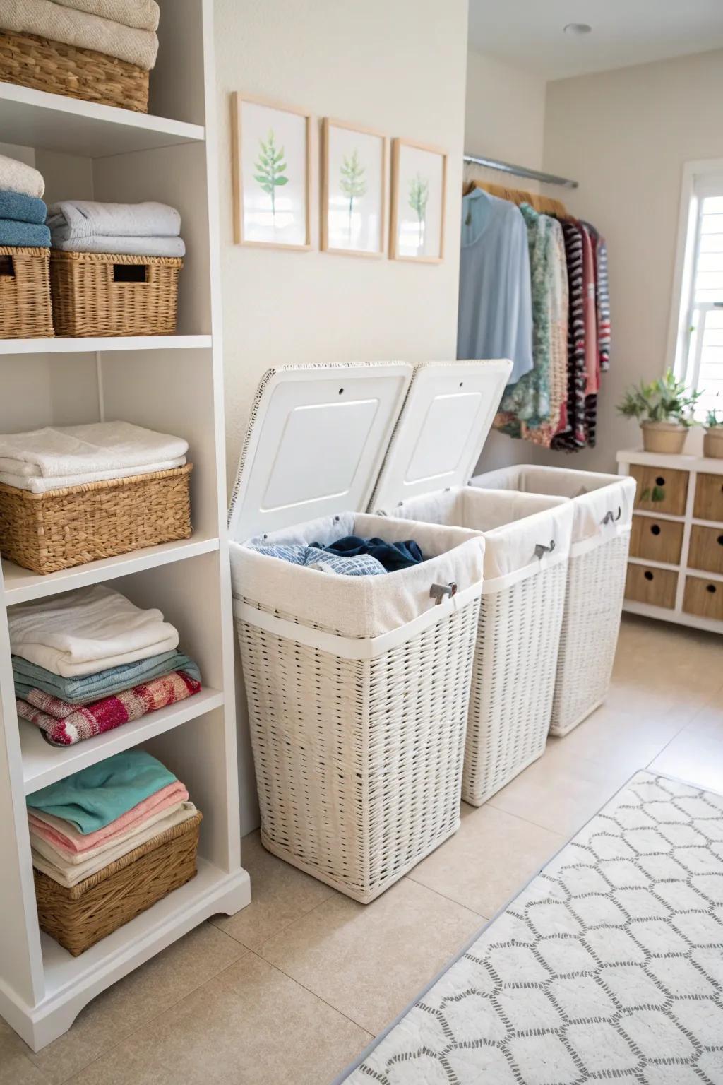 Built-in lids offer a neat solution for keeping laundry concealed.