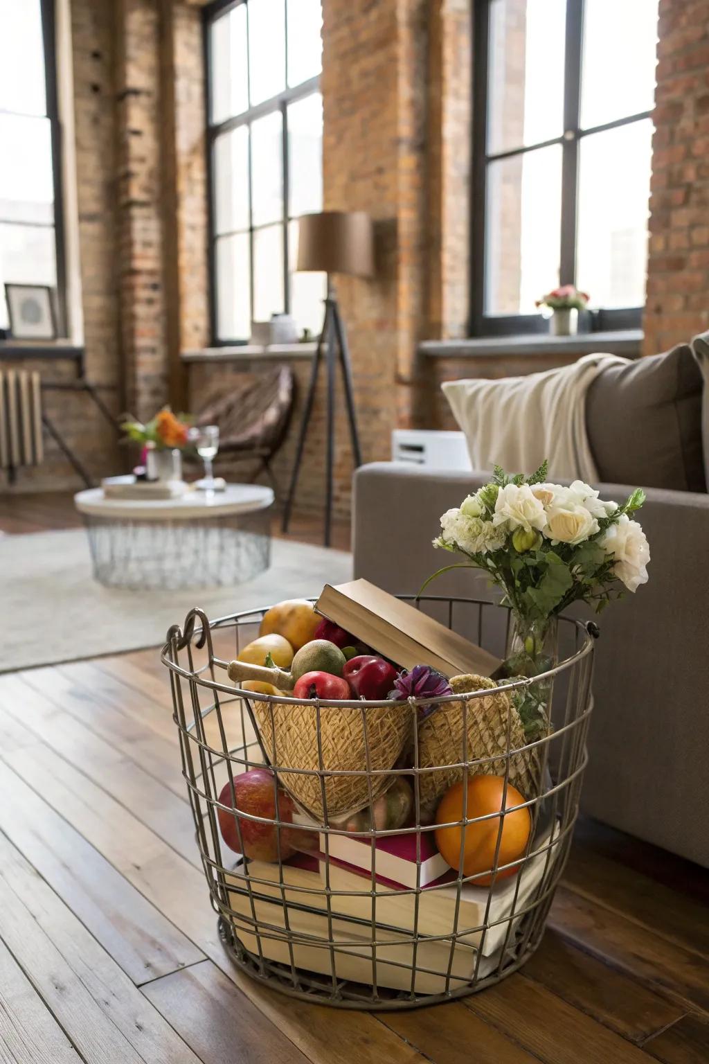 A sleek and modern rustic wire basket gift.