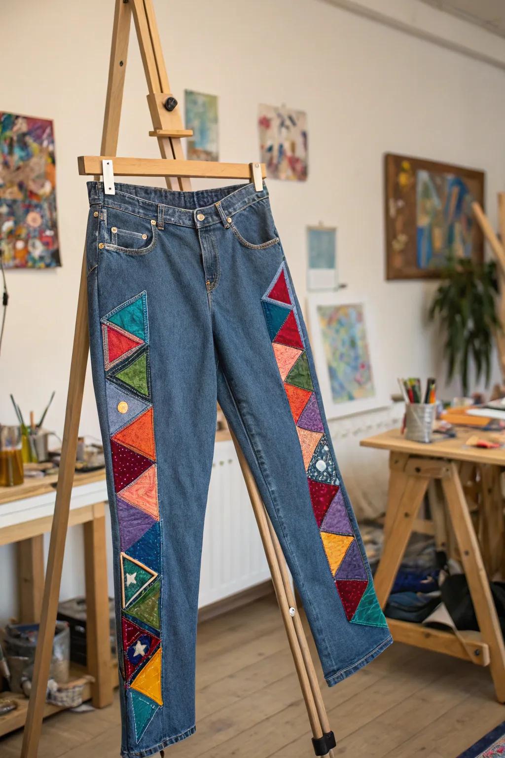 Geometric fabric shapes turn denim into wearable art.