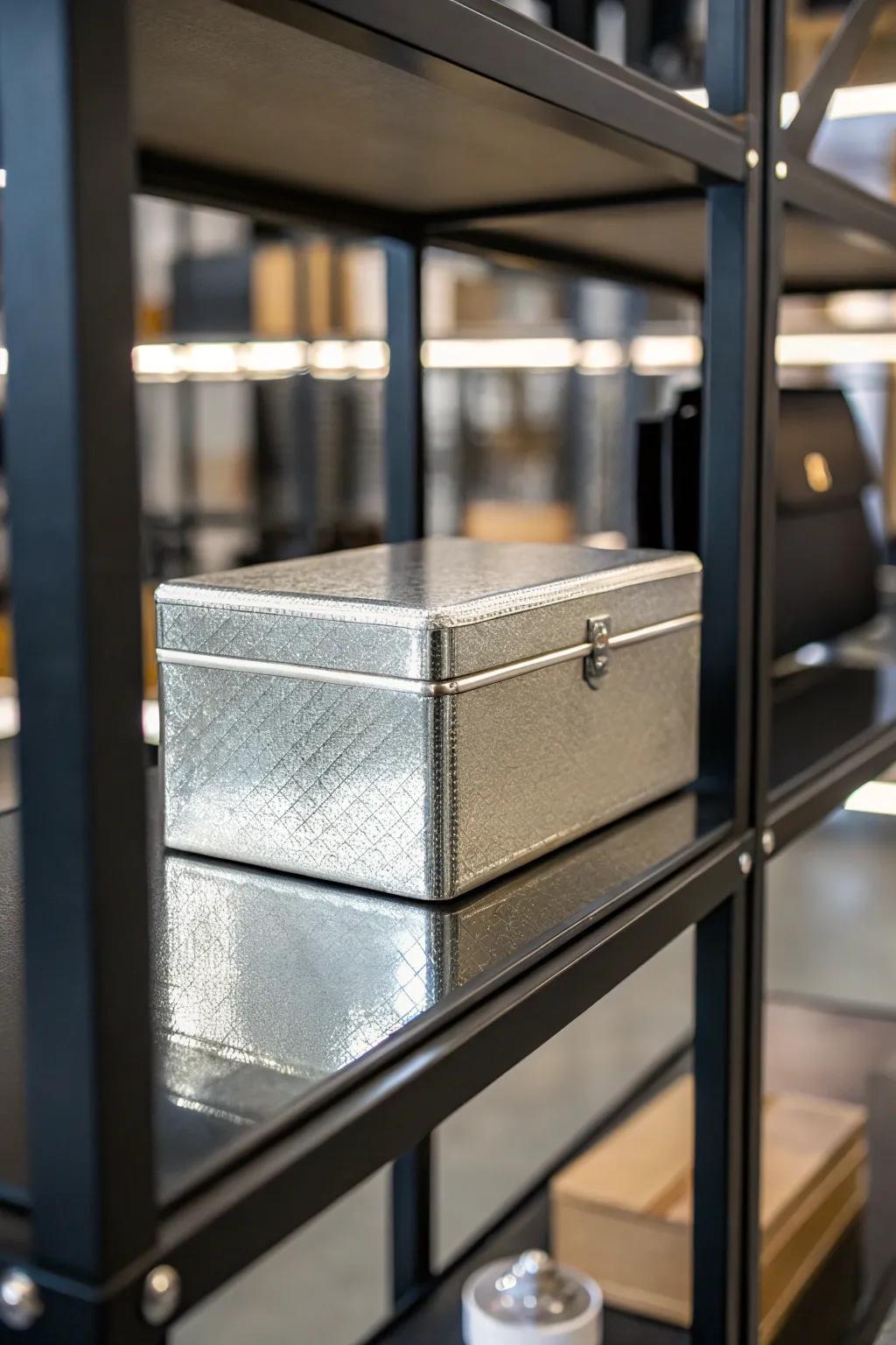 A modern box with a metallic silver finish.