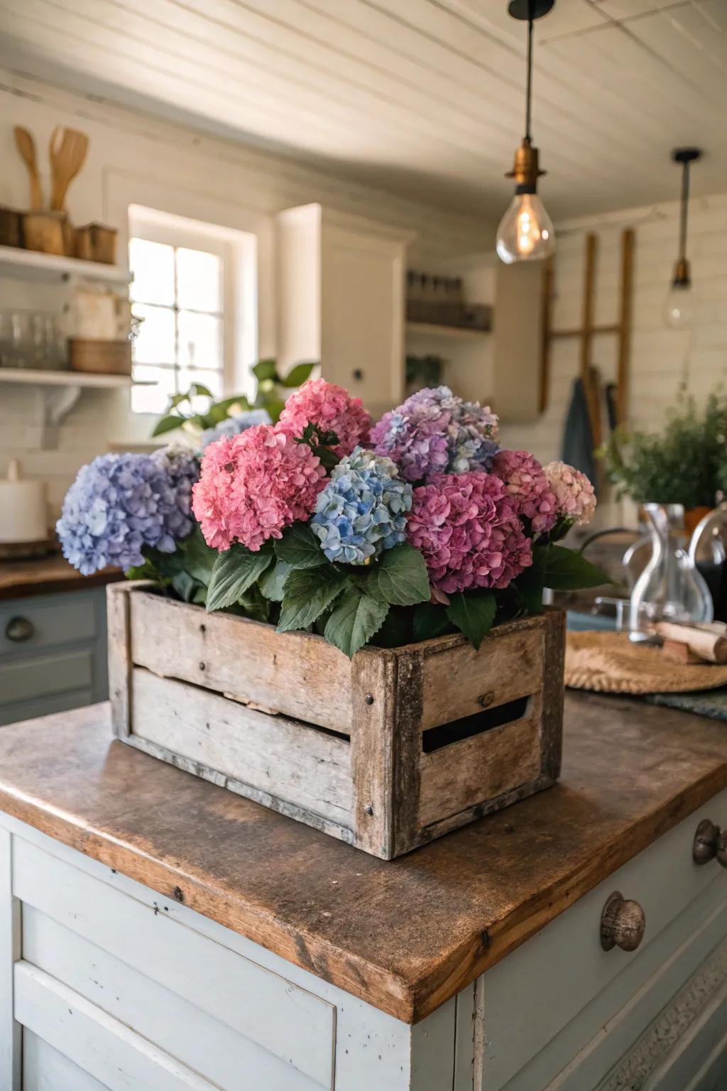 A vintage crate filled with hydrangeas exudes farmhouse charm.