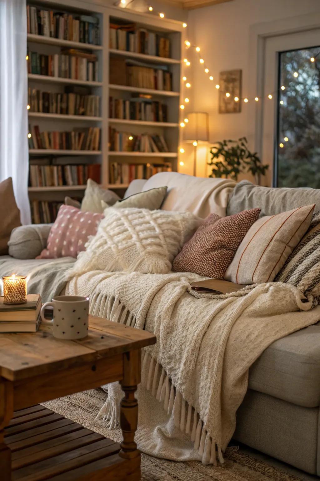 Comfort is key with soft textiles and cushions.