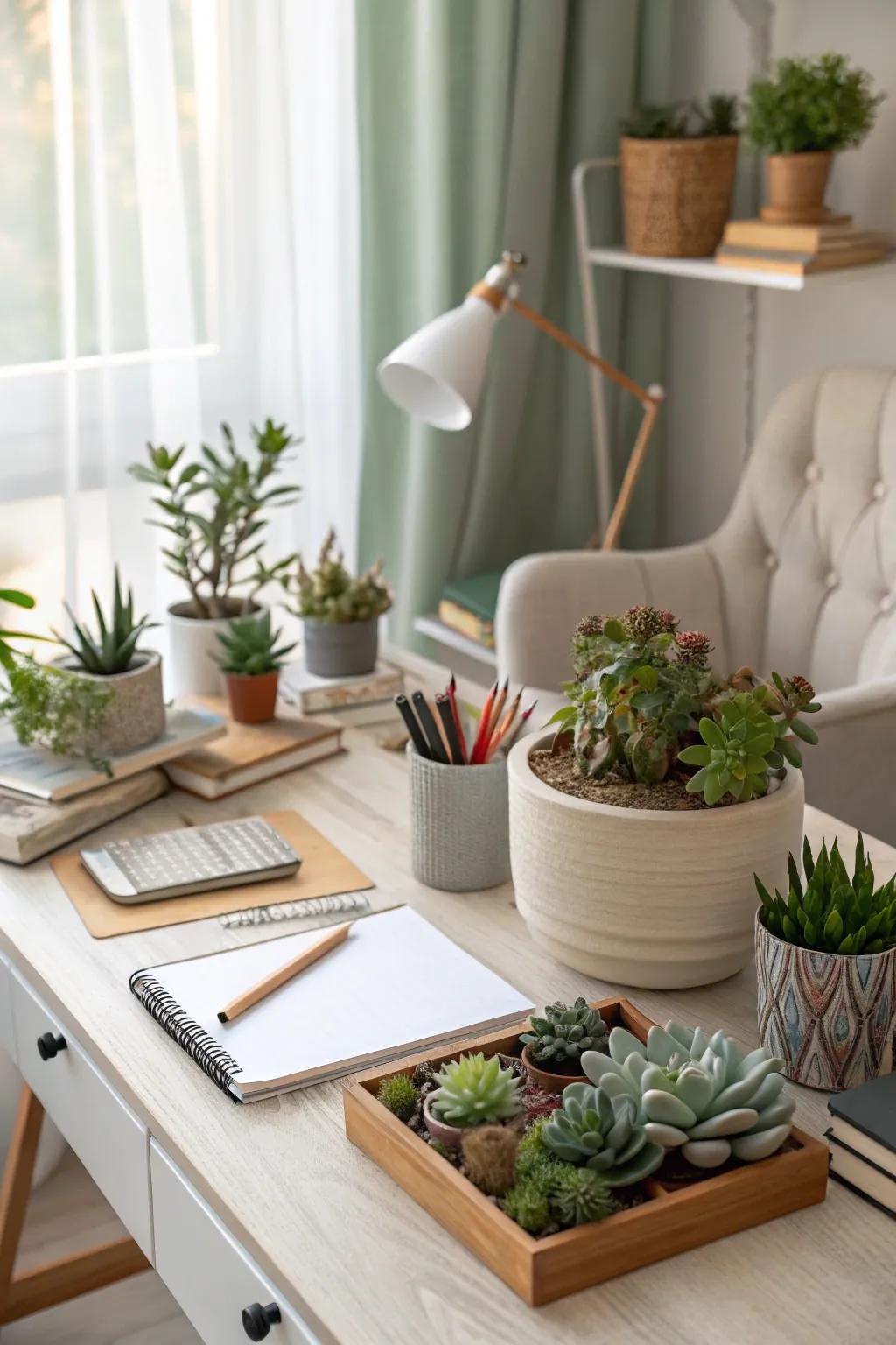 A desk with succulents bringing a touch of nature indoors.