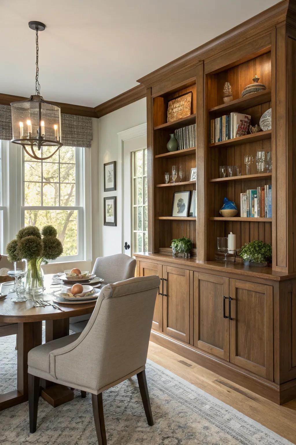 Built-in storage keeps the dining room organized and stylish.