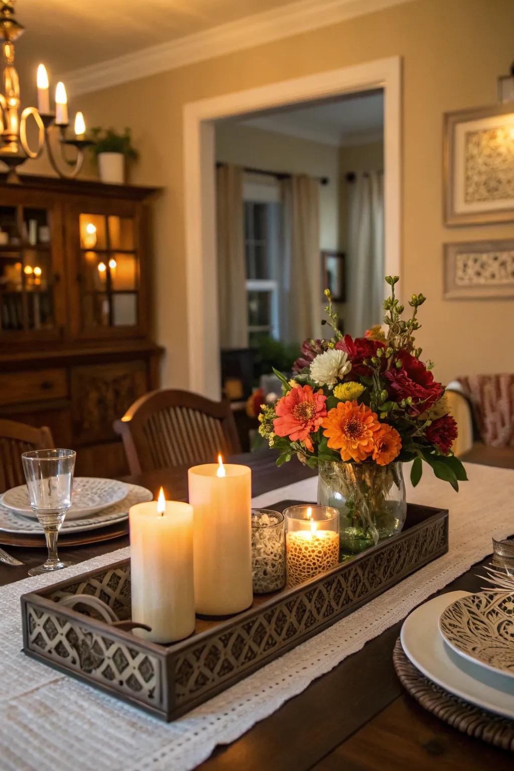 A decorative tray organizes and elevates decor.