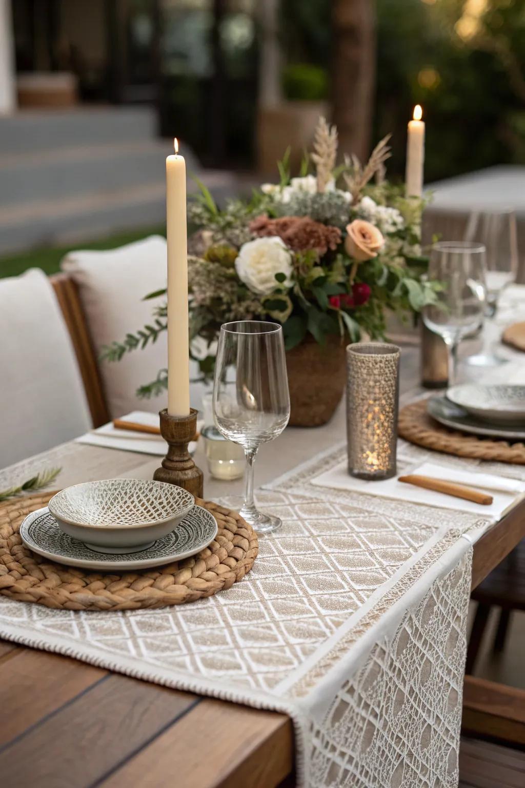 A stylish centerpiece with a textured table runner, adding depth and cohesion to the table setting.