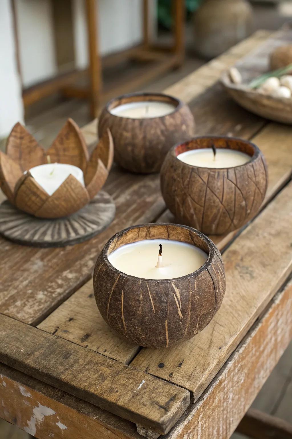 Bring a natural charm with coconut shell candle holders.