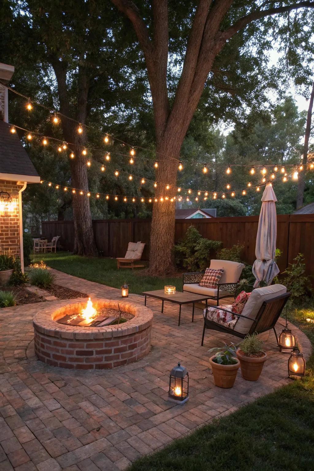 Soft lighting creates an inviting and safe environment around the fire pit.