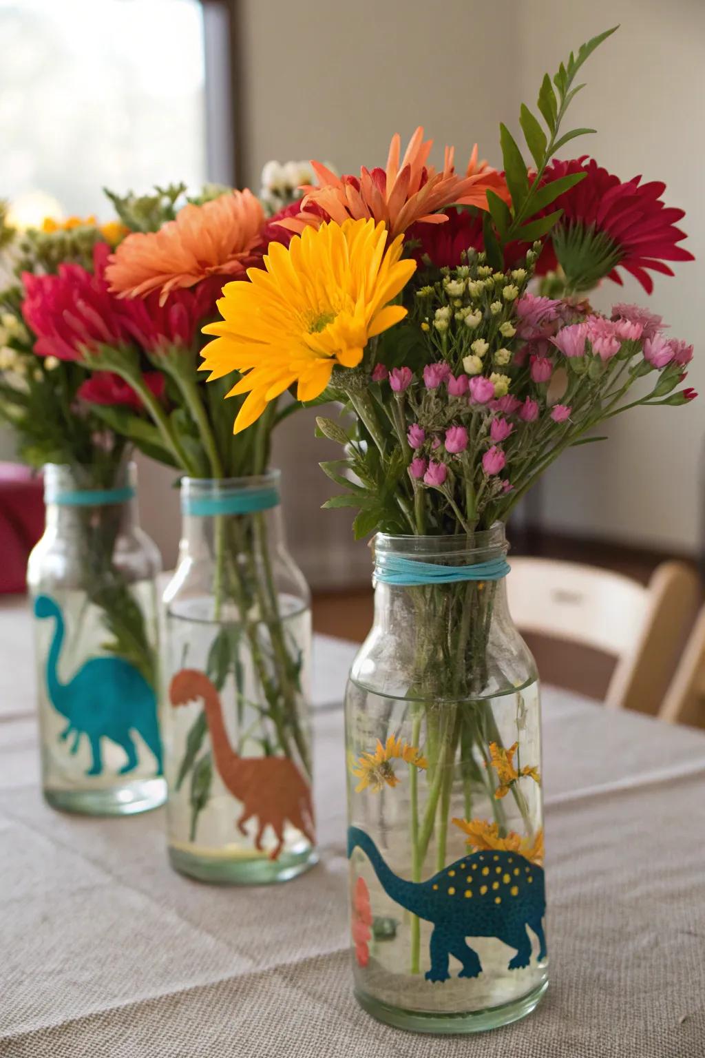 Elegance and charm with dinosaur silhouette vases as a centerpiece.