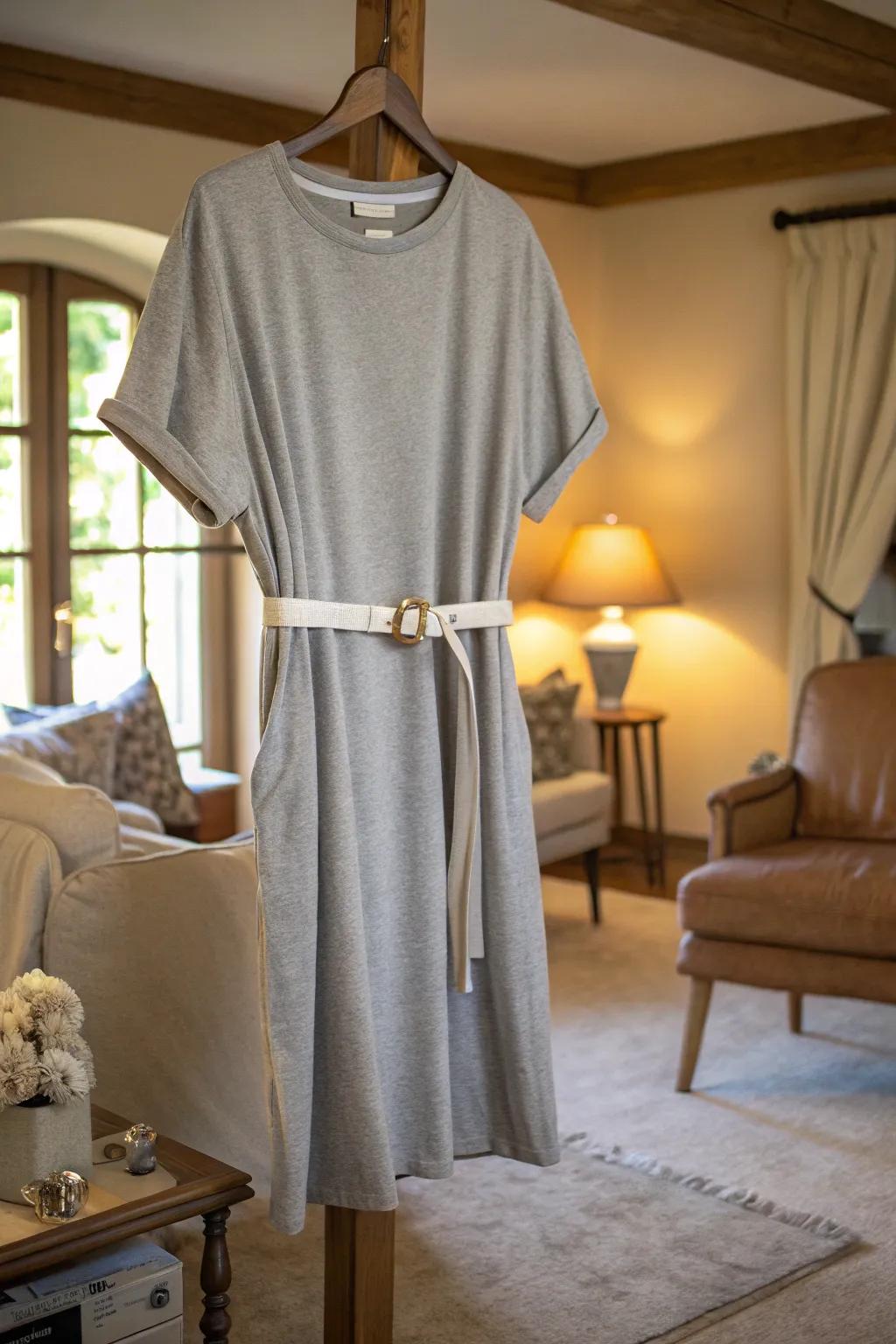 A comfy oversized t-shirt dress with a wide belt for added style.