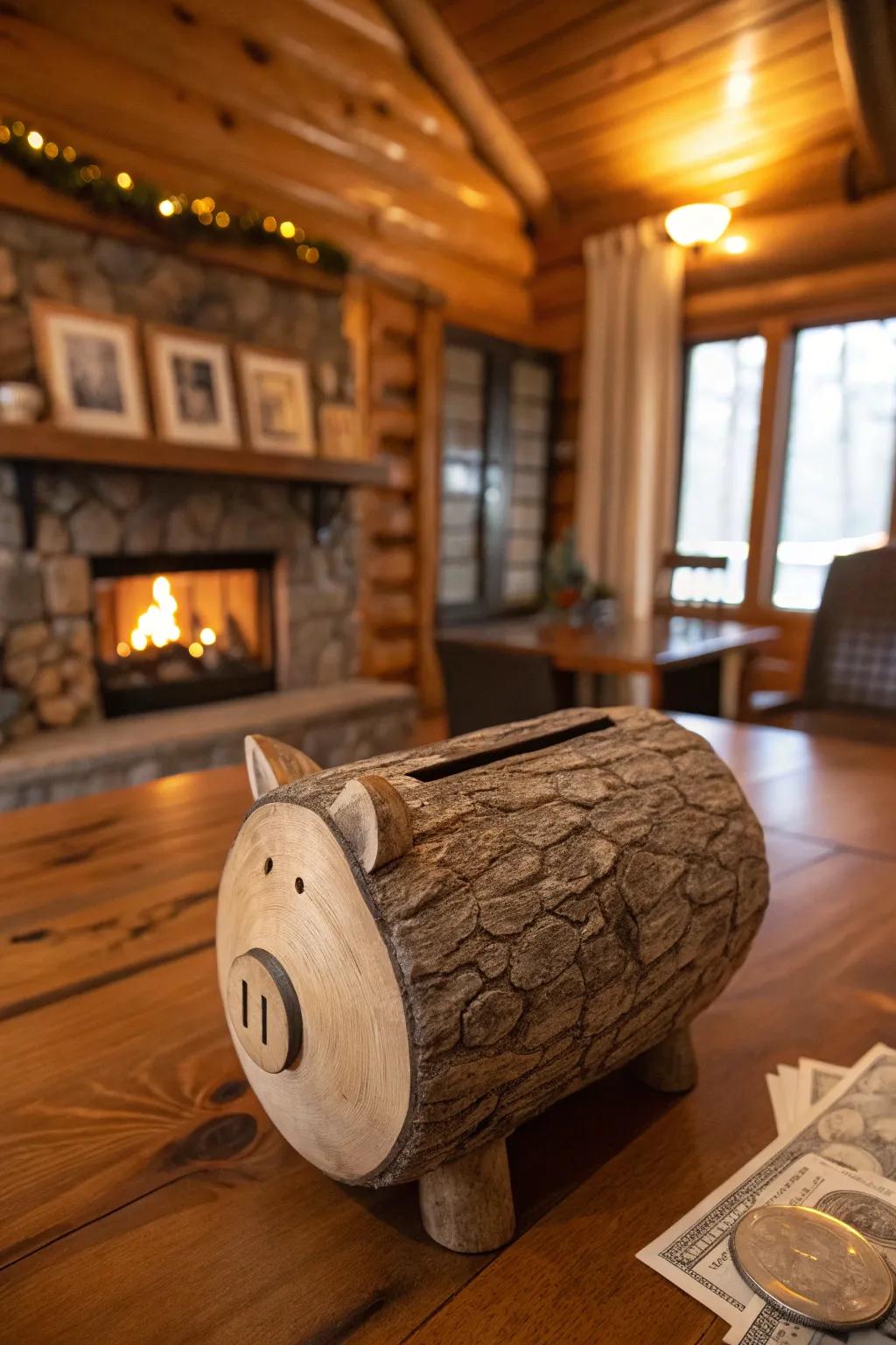 Rustic hollowed log piggy bank.