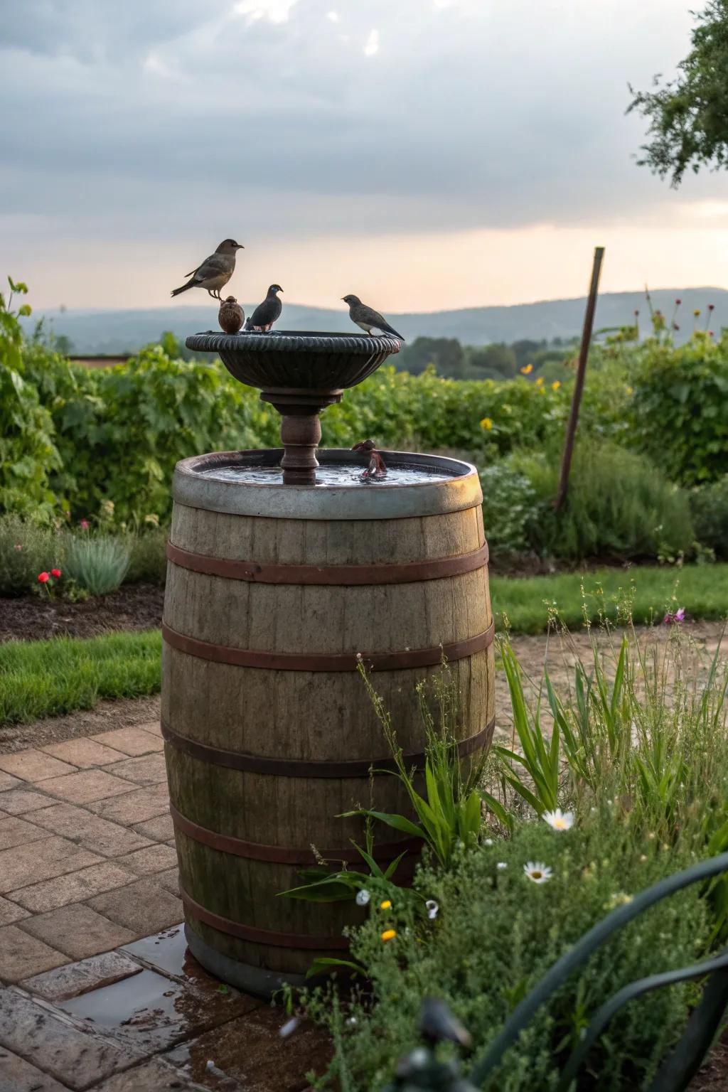 A bird bath atop a rain barrel invites feathered friends to enjoy the garden.