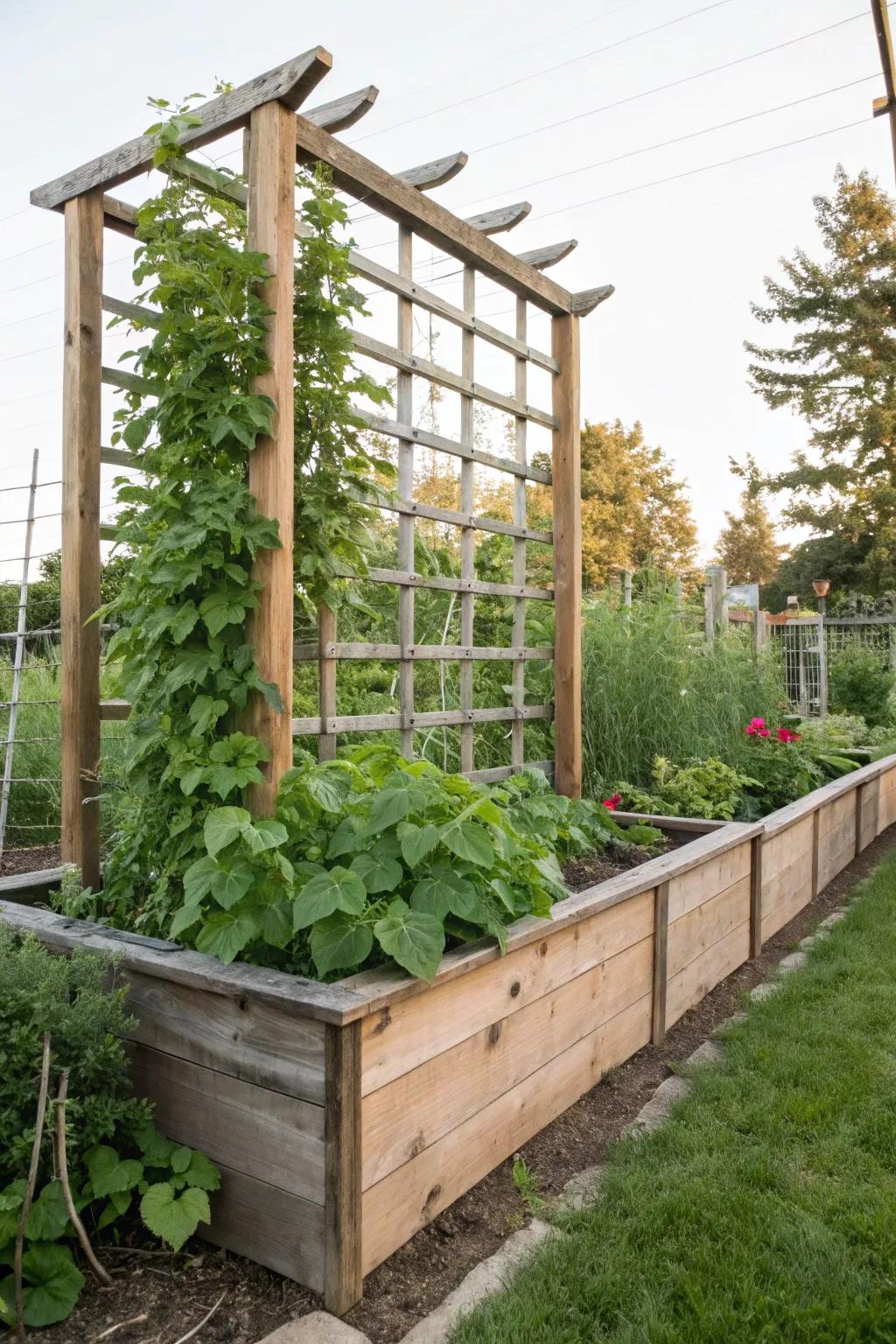 A functional trellis garden bed for climbing plants.