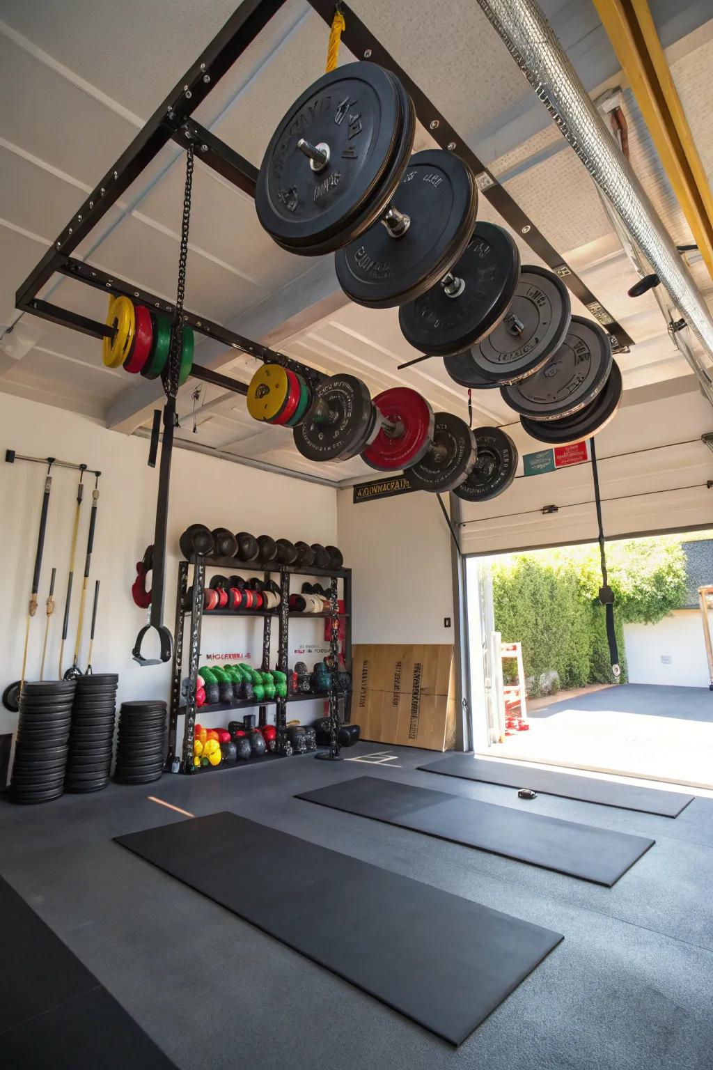 Overhead rafter storage maximizes vertical space.