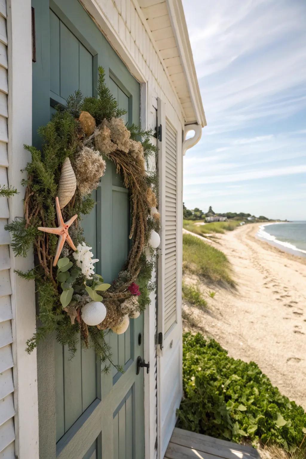 Bring the beach home with a seashell and starfish wreath.