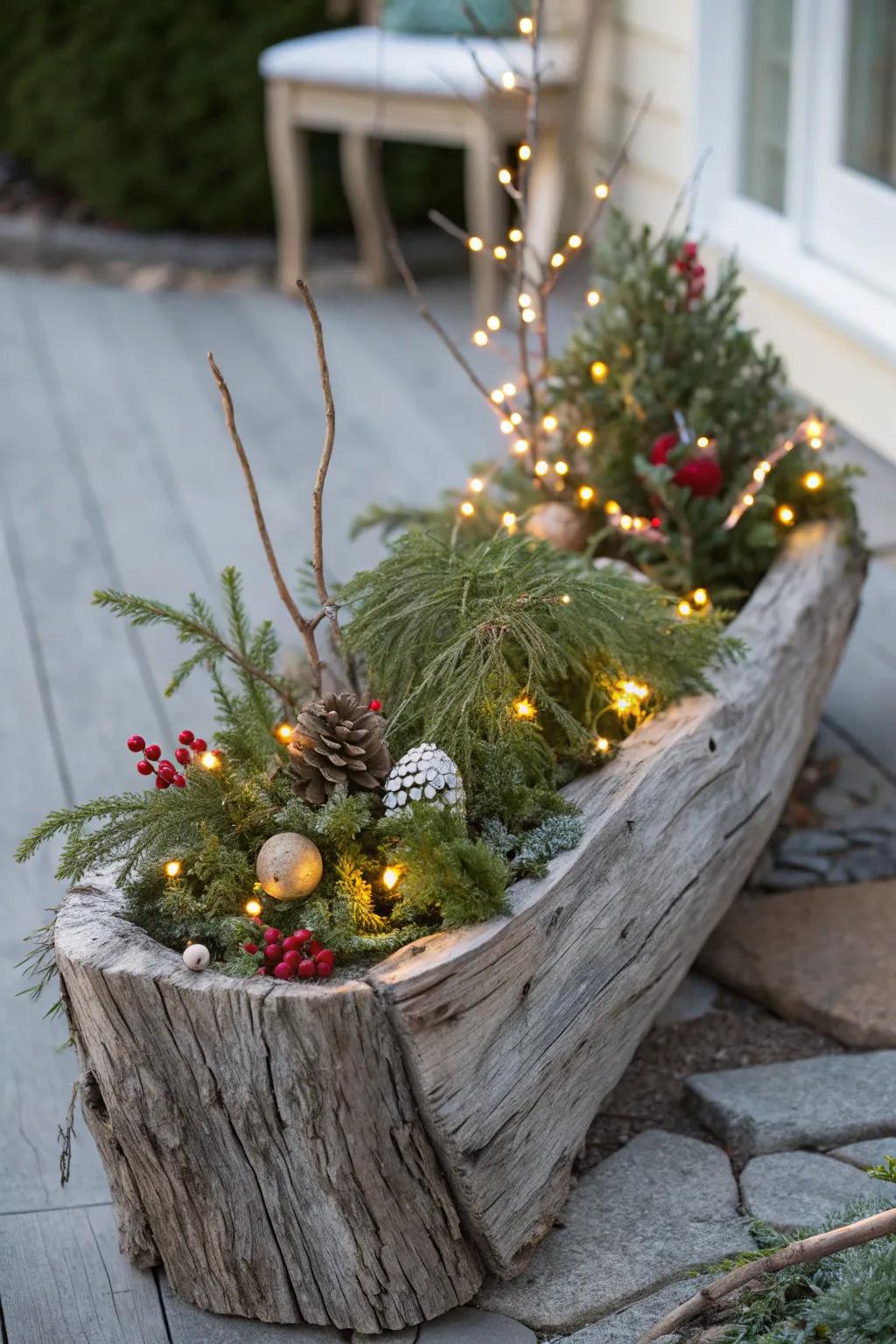 Festive driftwood planter, perfect for celebrating seasonal holidays.