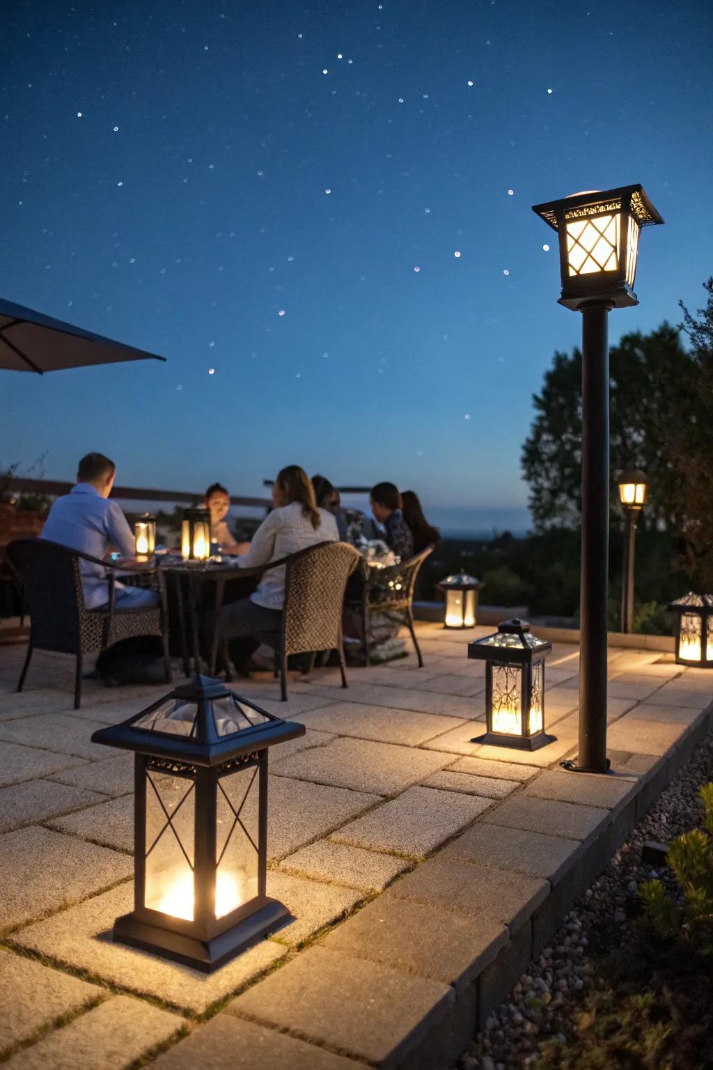 Charming solar-powered lanterns providing eco-friendly lighting for outdoor spaces.