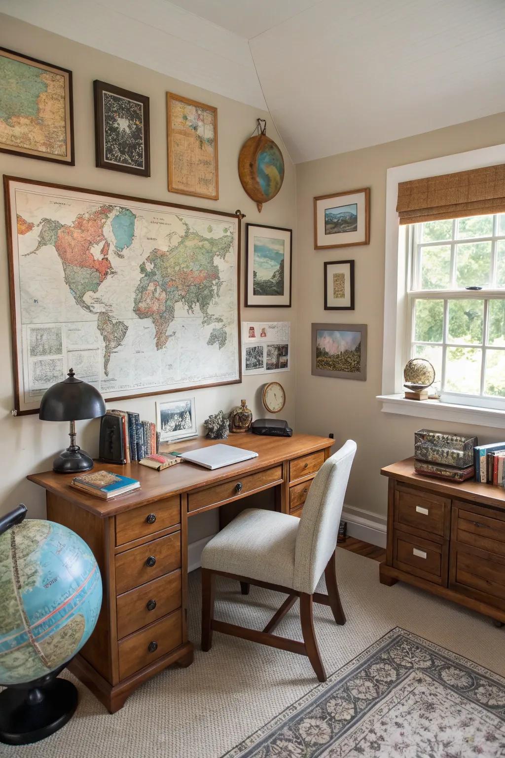 A thematic approach ties together eclectic elements in this travel-inspired office.