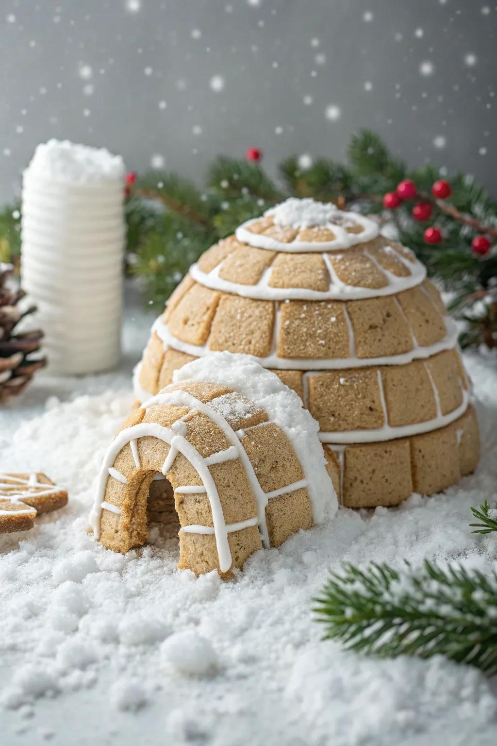 An adorable gingerbread igloo for a cozy elf retreat.