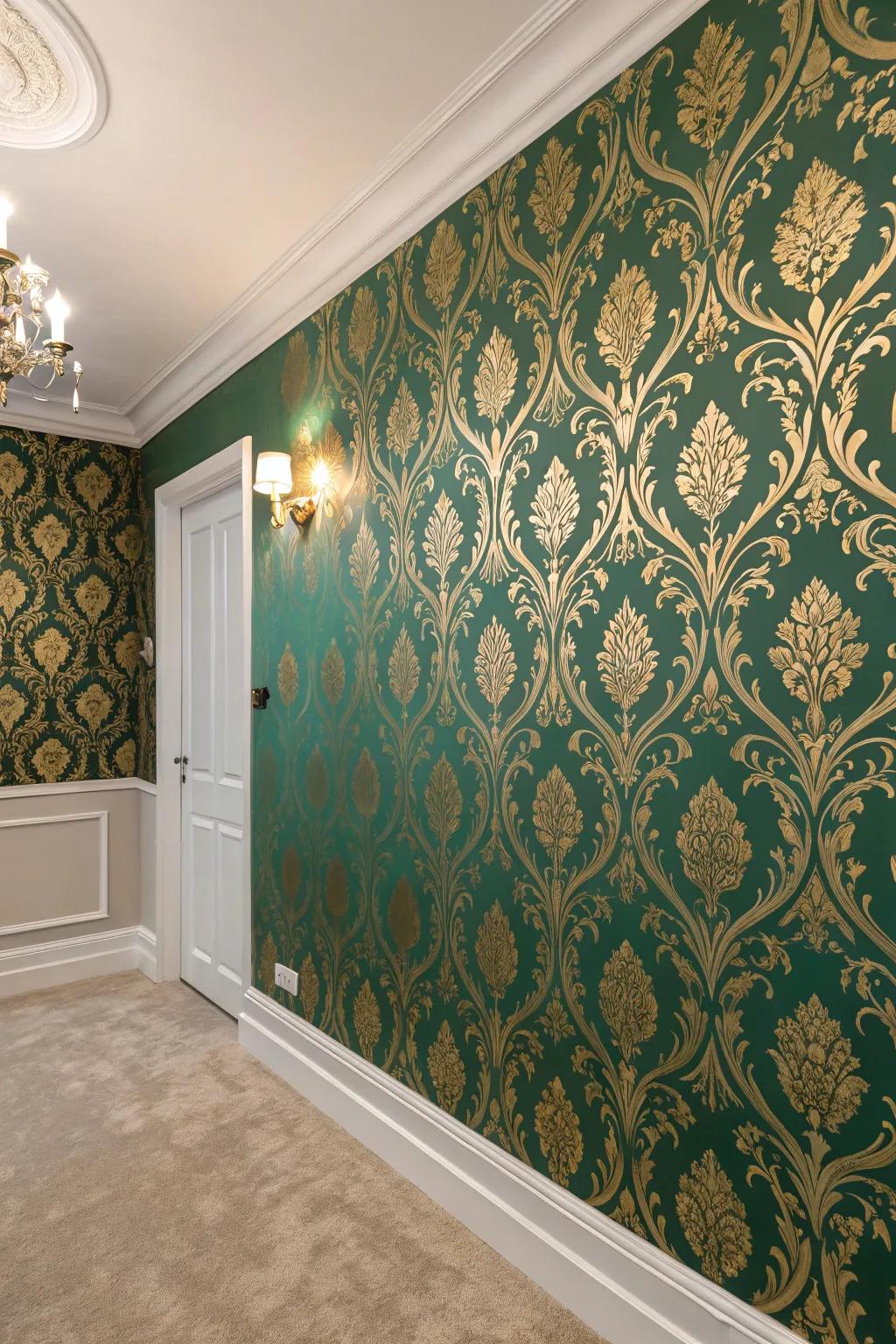 A room transformed by emerald green and gold wallpaper as a dramatic feature wall.