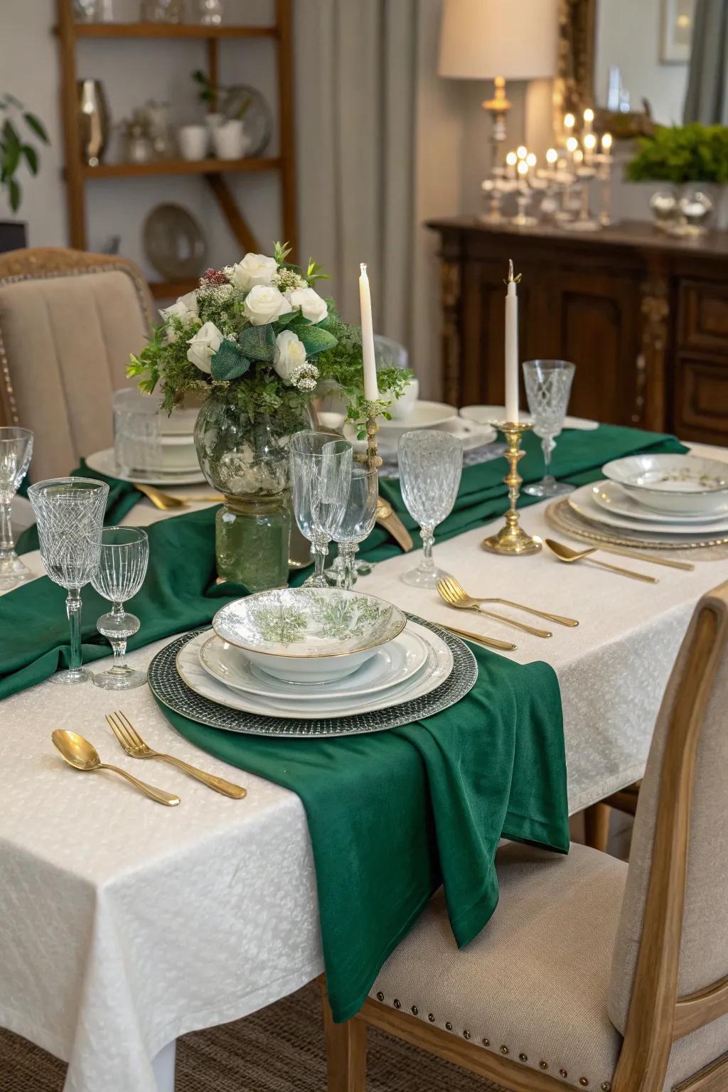 Emerald green table linens tie the room together beautifully.