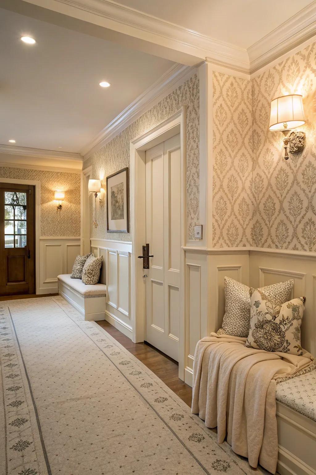 Linen-textured wainscoting offers a soft and tactile look.