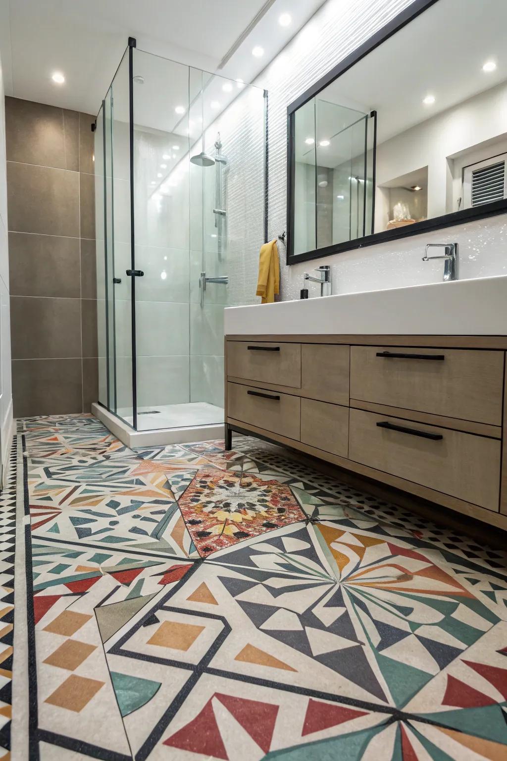 Geometric epoxy floor pattern making a striking focal point in the bathroom.