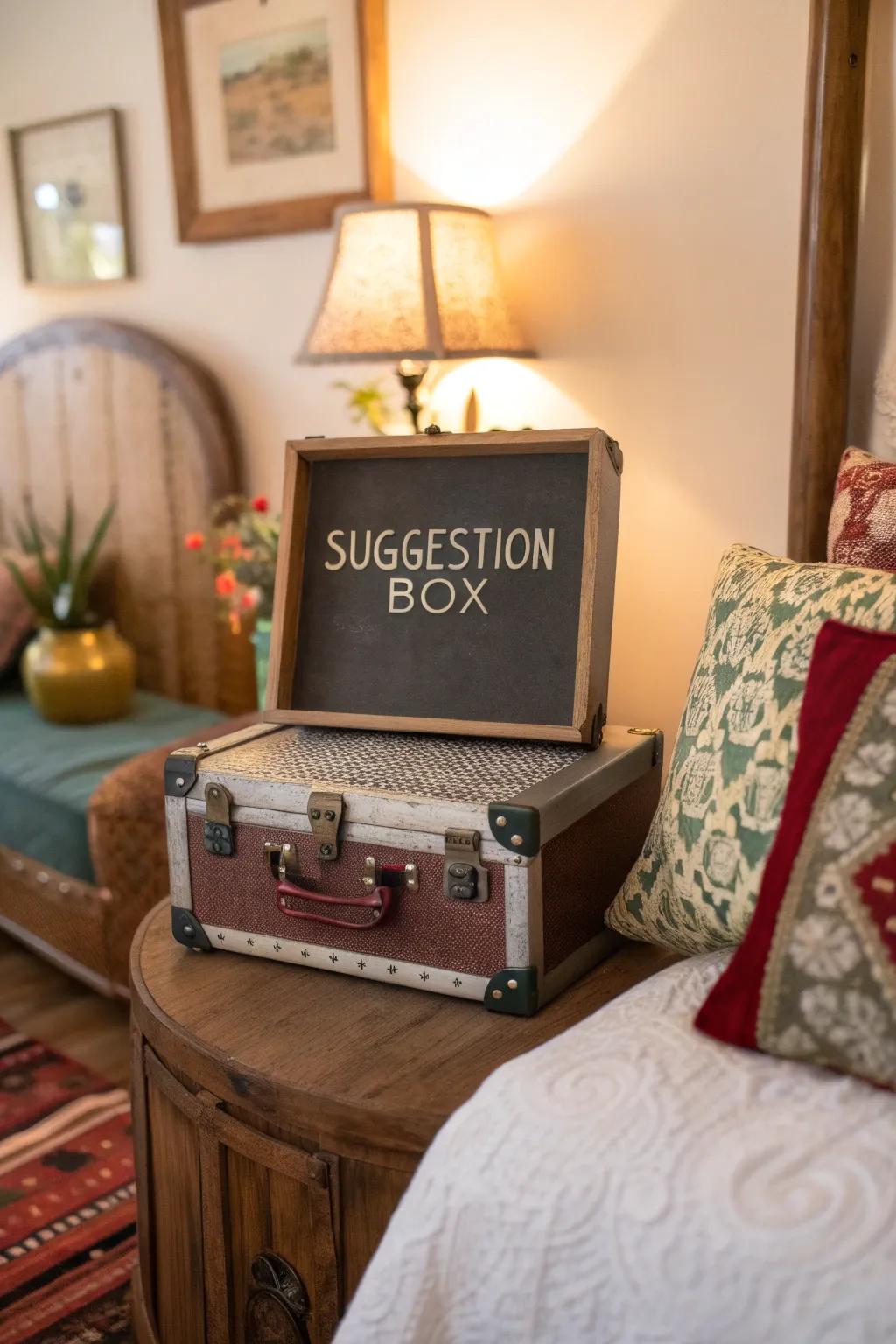 A charming suitcase suggestion box in a welcoming guest room.