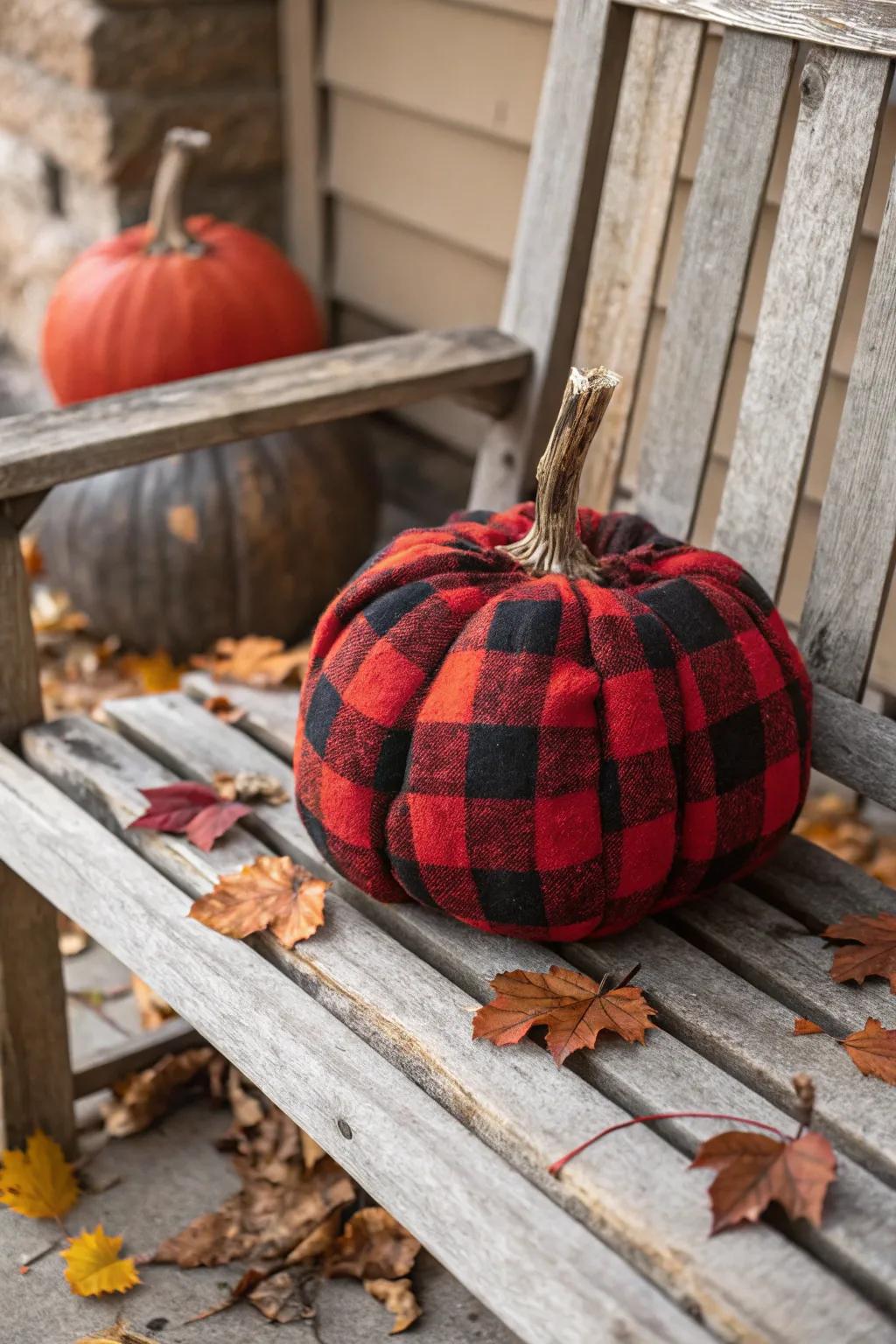 Plaid fabric wraps bring a cozy, rustic charm to your pumpkins.