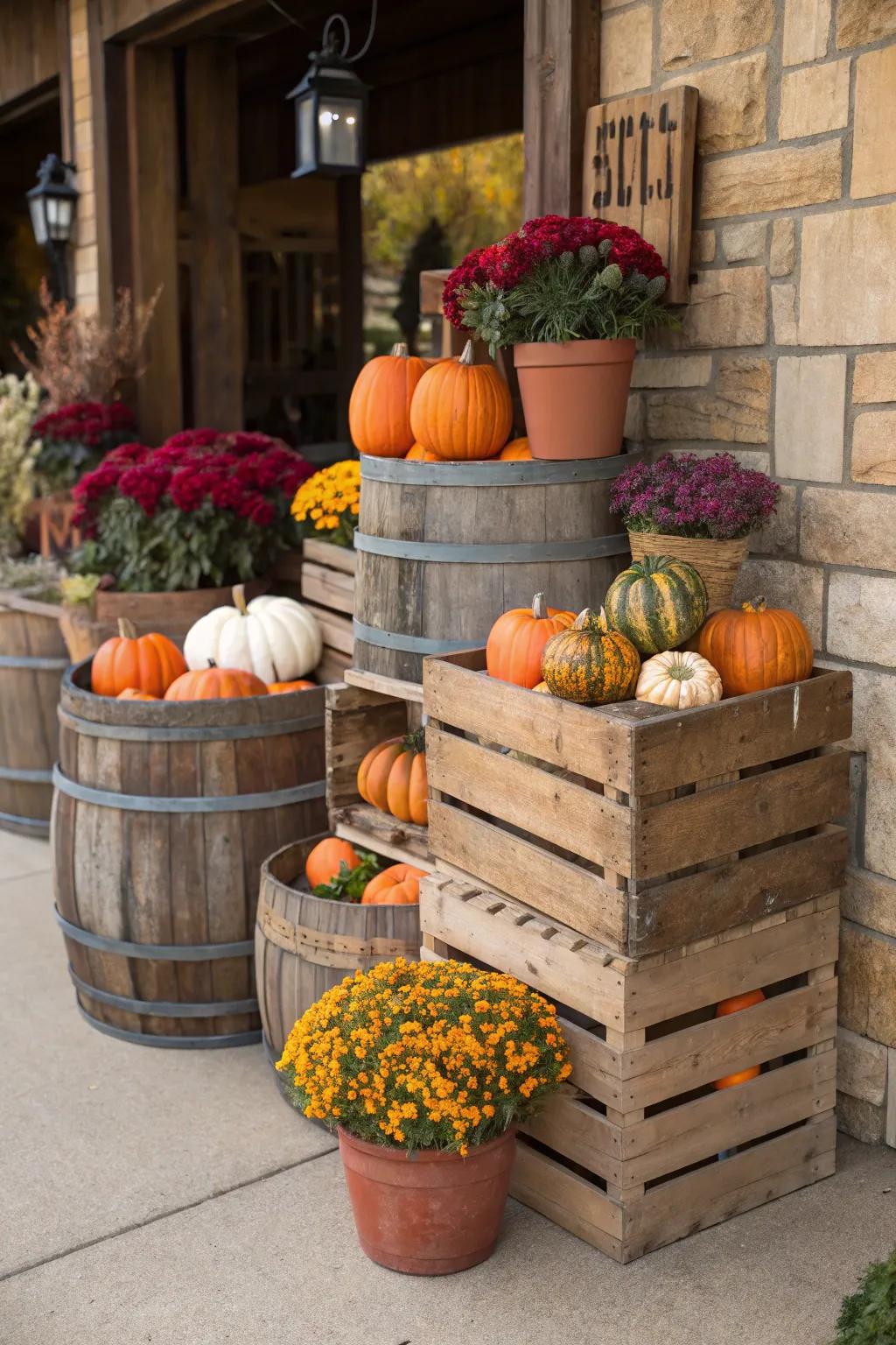 Crates and barrels create a charming rustic display.