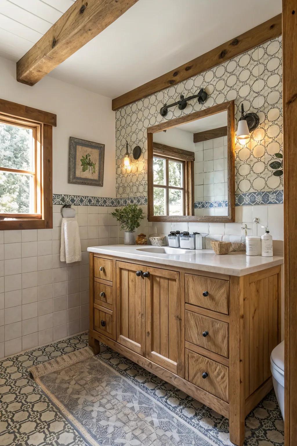 A farmhouse bathroom featuring a colorful tiled backsplash.