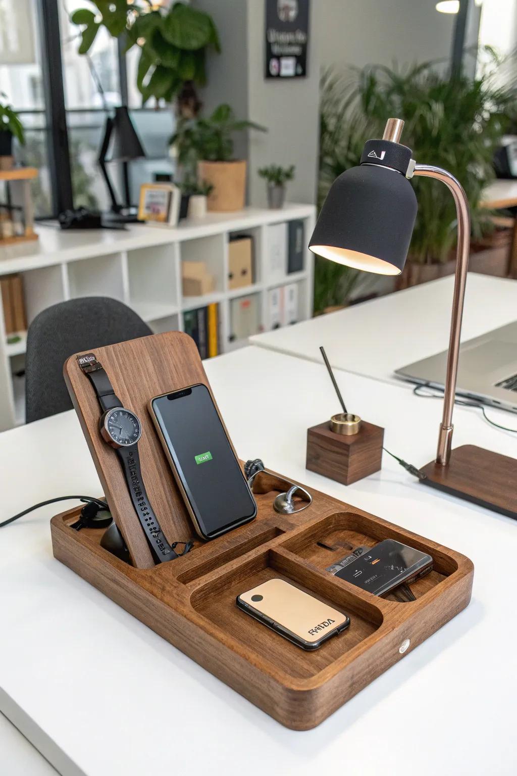 A handcrafted wooden docking station for organizing gadgets.